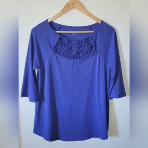 Soft Surroundings Zalie Tunic Top Woven Amparo Blue Macrame M Medium 3/4 Sleeve